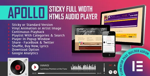 Apollo - Sticky Full Width HTML5 Audio Player Elementor Widget